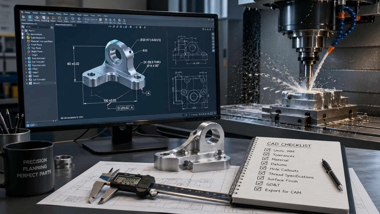 CAD design of a mechanical part on a computer screen with dimensions and tolerances, alongside precision tools and a checklist, while a CNC milling machine cuts metal in a modern engineering workspace.