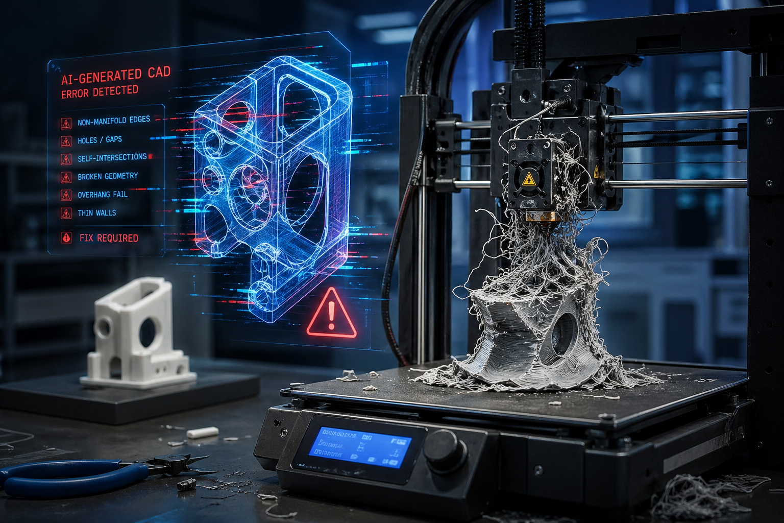 3D printer failure caused by flawed AI-generated CAD model, showing tangled filament and broken print layers with a holographic blueprint displaying geometry errors