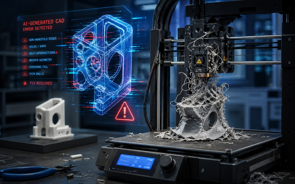 3D printer failure caused by flawed AI-generated CAD model, showing tangled filament and broken print layers with a holographic blueprint displaying geometry errors